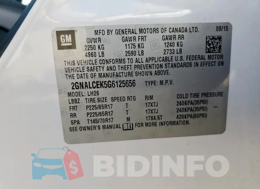 2GNALCEK5G6125656 Photo# 12