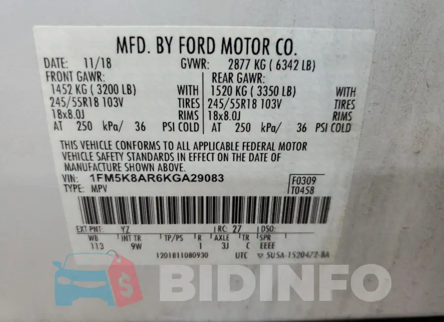 1FM5K8AR6KGA29083 Photo# 12