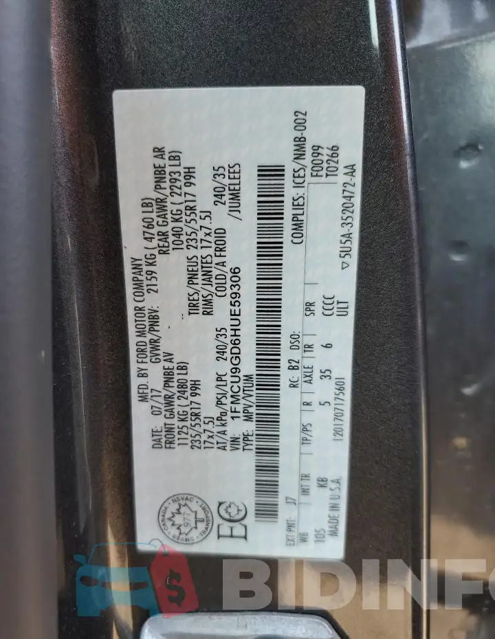 1FMCU9GD6HUE59306 Photo# 13