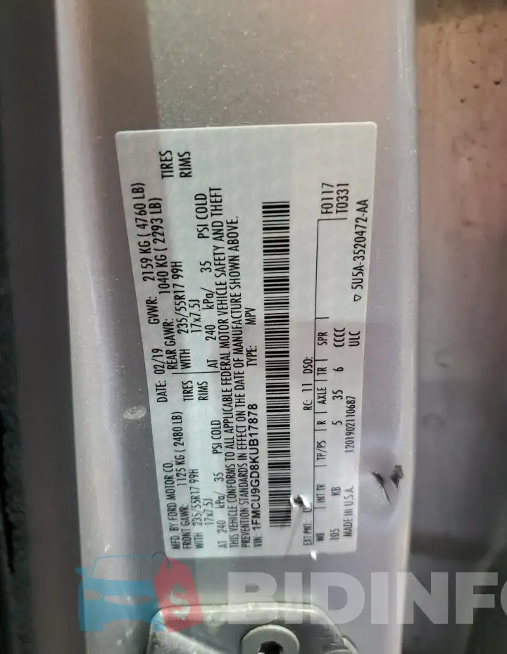1FMCU9GD8KUB17878 Photo# 13