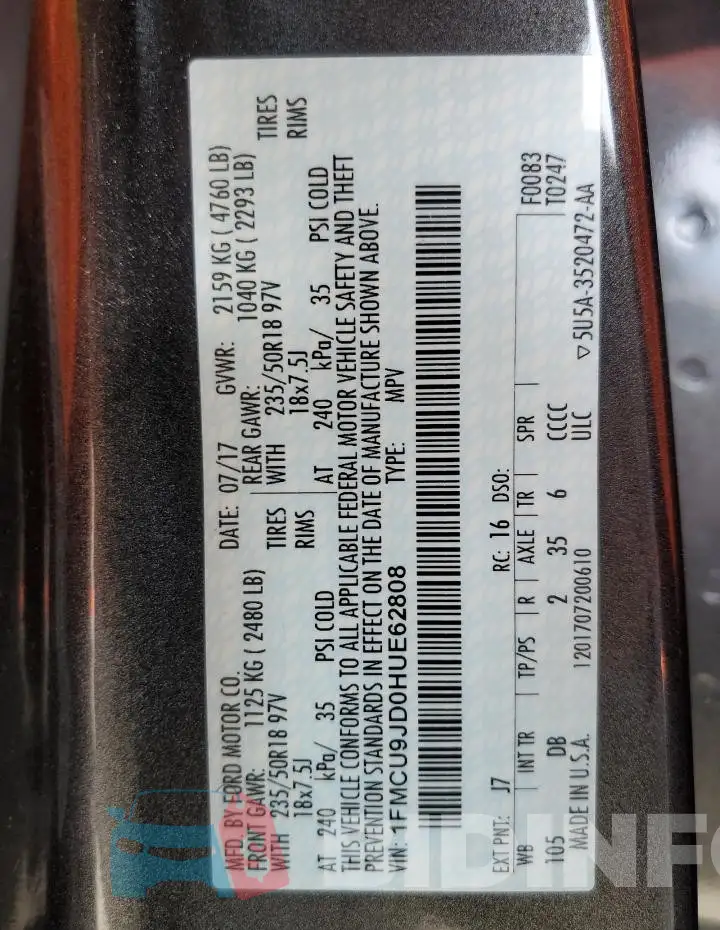 1FMCU9JD0HUE62808 Photo# 14