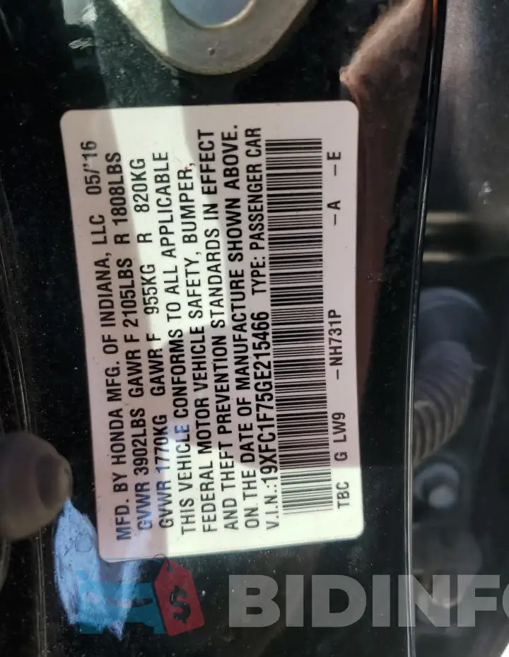 19XFC1F75GE215466 Photo# 12
