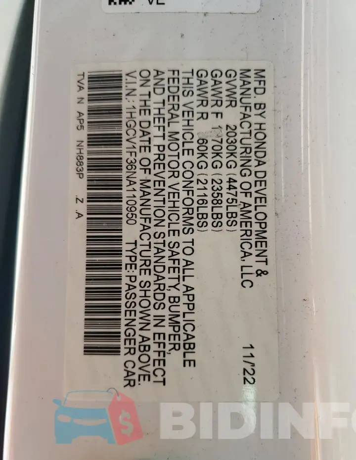 1HGCV1F36NA110950 Photo# 12