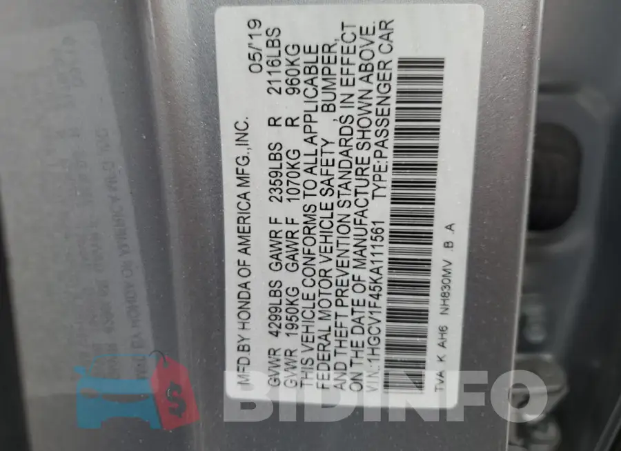 1HGCV1F45KA111561 Photo# 13