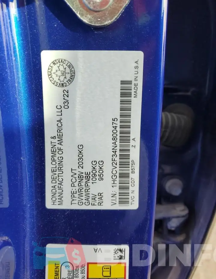 1HGCV2F34NA800475 Photo# 13