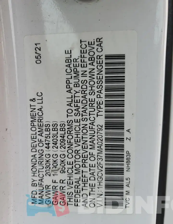 1HGCV2F37MA020792 Photo# 12