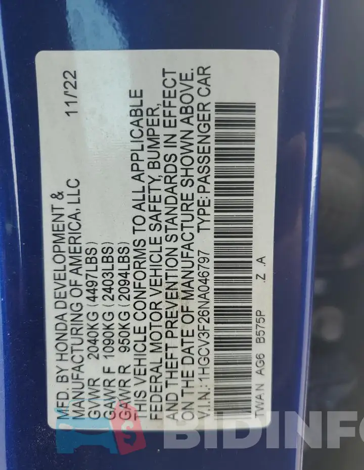 1HGCV3F26NA046797 Photo# 13