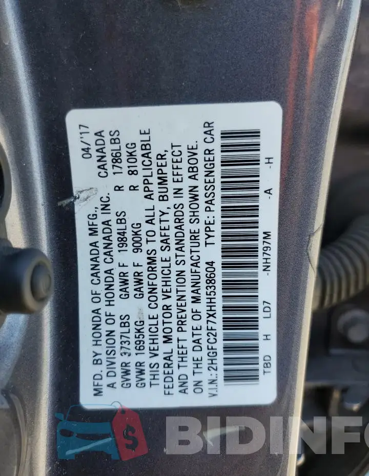 2HGFC2F7XHH538604 Photo# 12