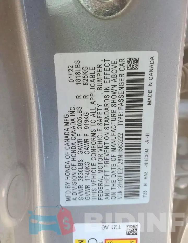 2HGFE2F28NH563222 Photo# 12