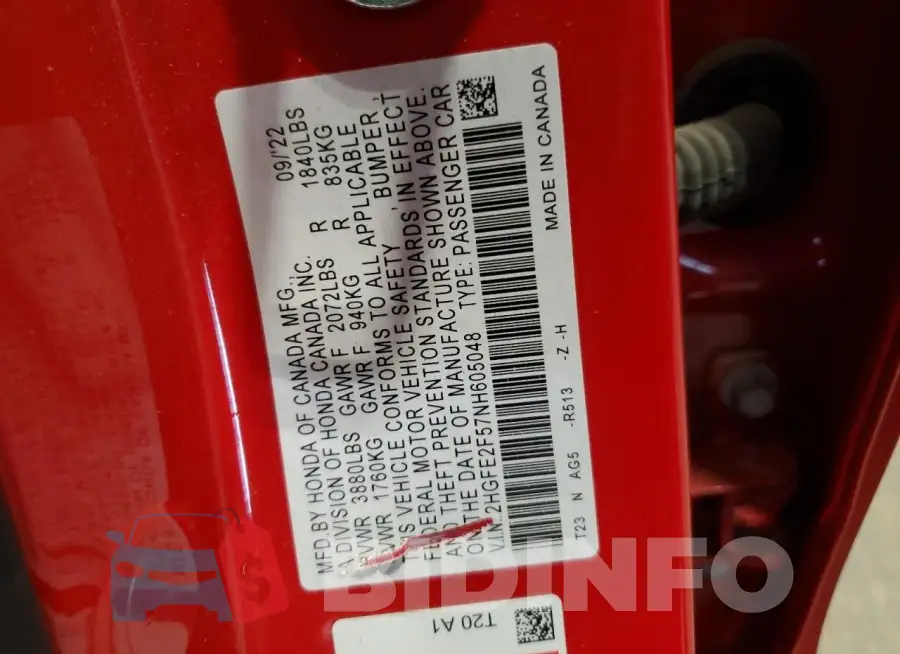 2HGFE2F57NH605048 Photo# 13