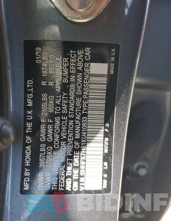 SHHFK7H61KU410833 Photo# 12