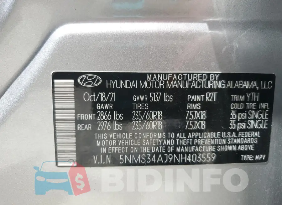 5NMS34AJ9NH403559 Photo# 14