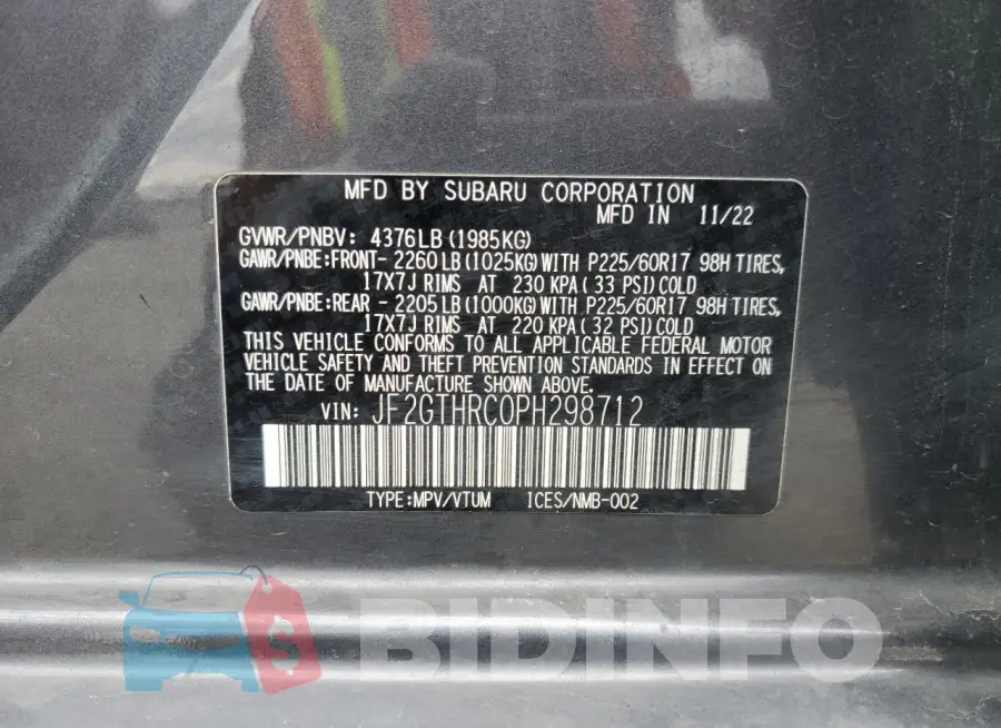 JF2GTHRC0PH298712 Photo# 14