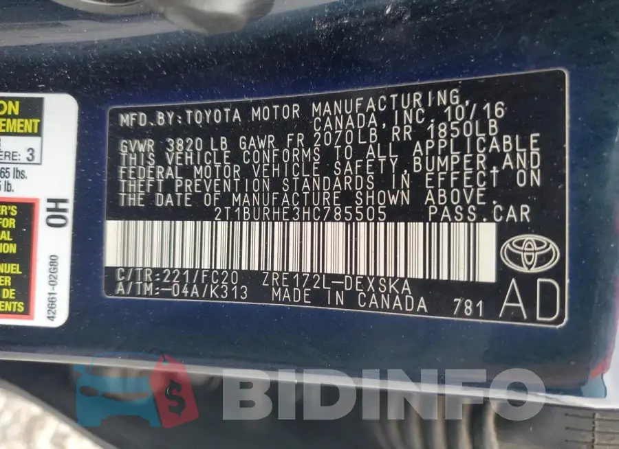 2T1BURHE3HC785505 Photo# 12