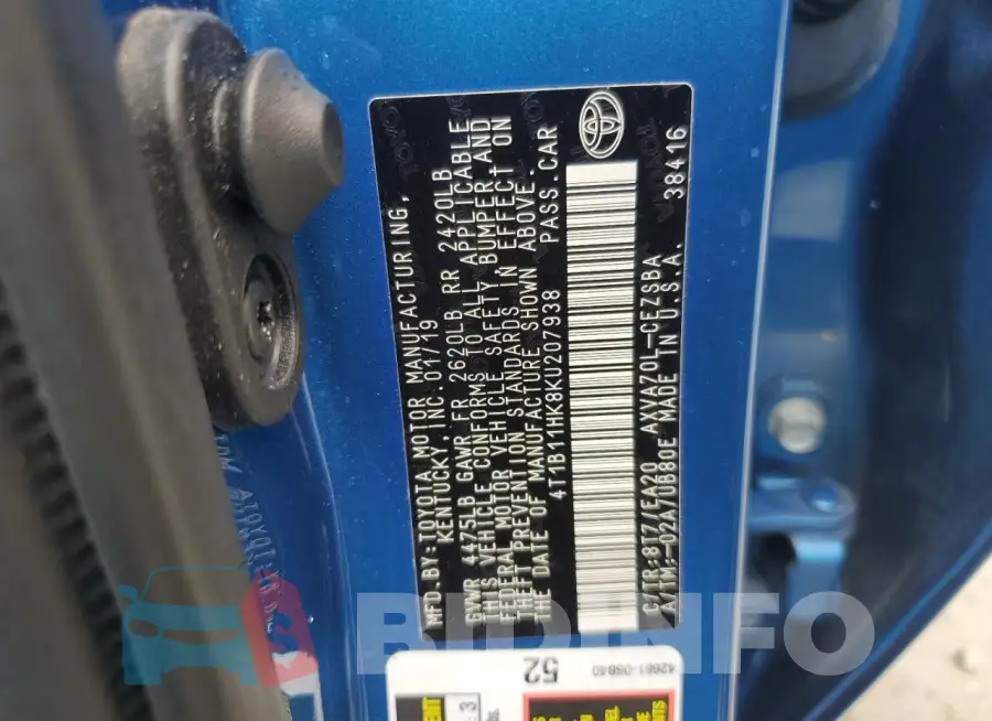 4T1B11HK8KU207938 Photo# 12