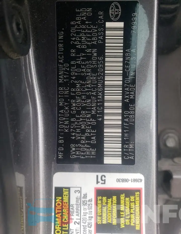 4T1C11AK6MU520956 Photo# 12