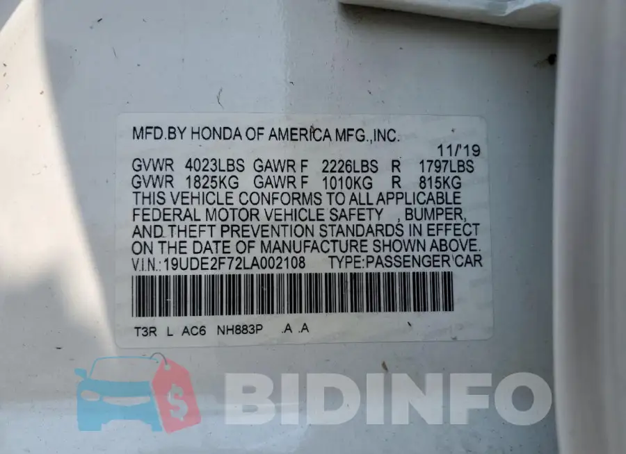 19UDE2F72LA002108 Photo# 12