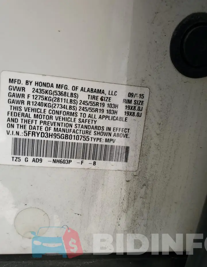 5FRYD3H95GB010755 Photo# 12
