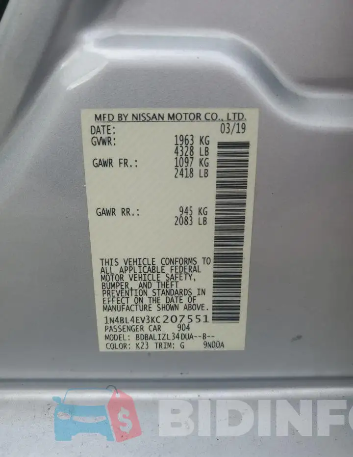 1N4BL4EV3KC207551 Photo# 12