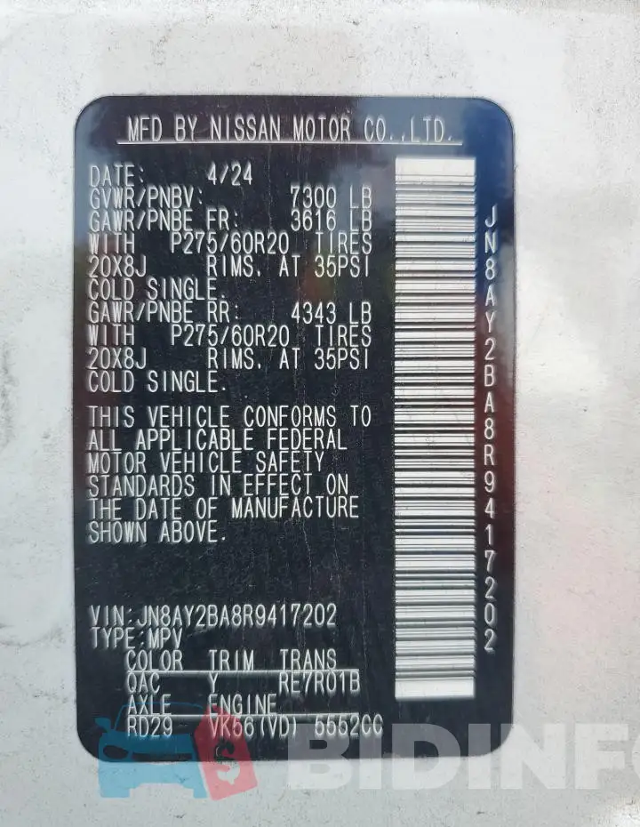 JN8AY2BA8R9417202 Photo# 14
