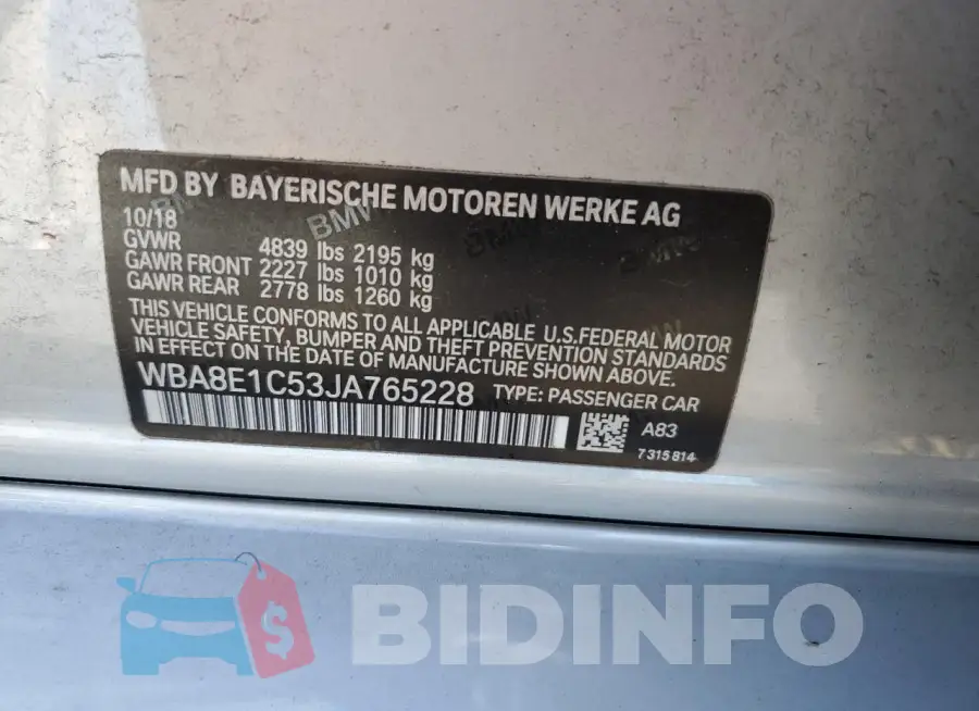 WBA8E1C53JA765228 Photo# 12