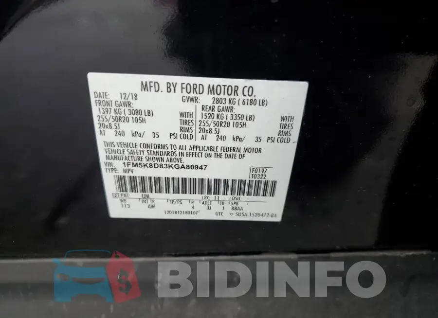 1FM5K8D83KGA80947 Photo# 13