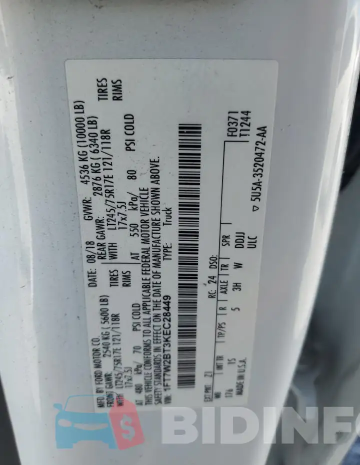 1FT7W2BT3KEC28449 Photo# 12