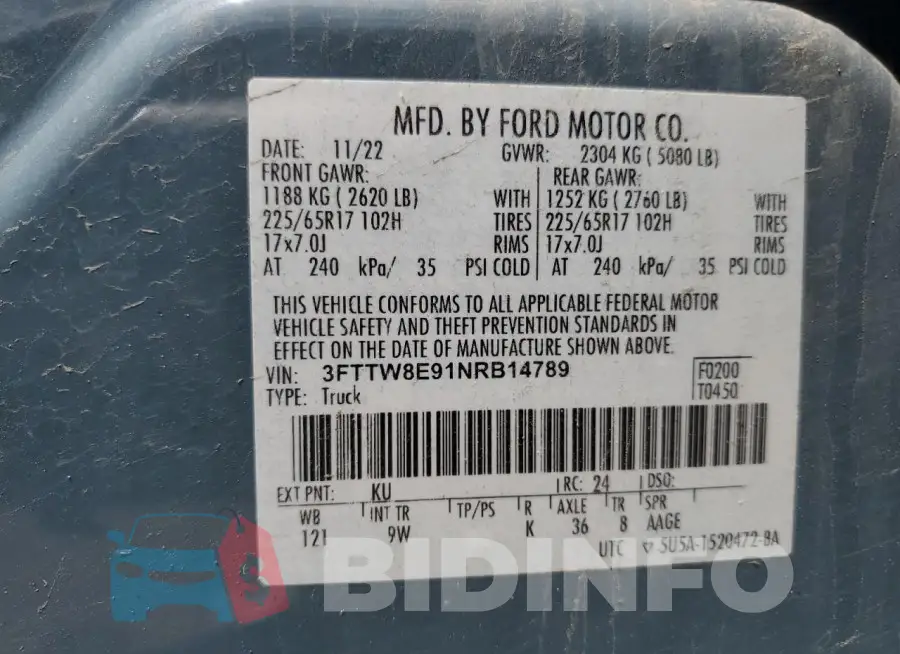 3FTTW8E91NRB14789 Photo# 14