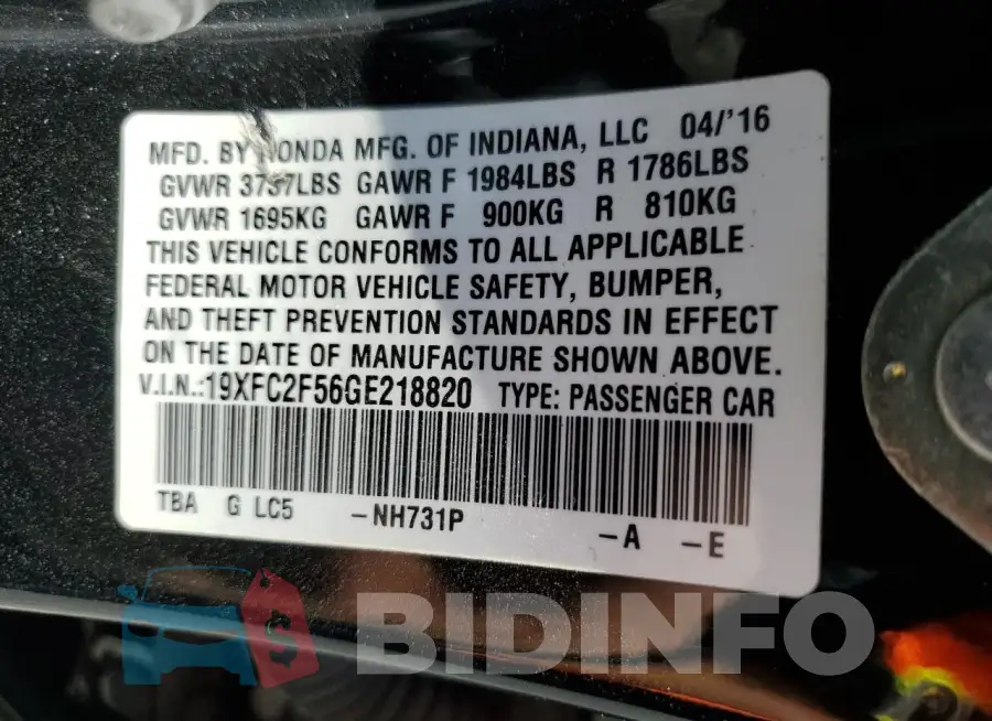 19XFC2F56GE218820 Photo# 12