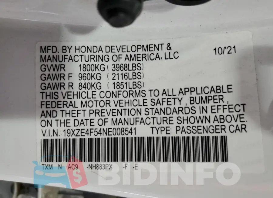 19XZE4F54NE008541 Photo# 13