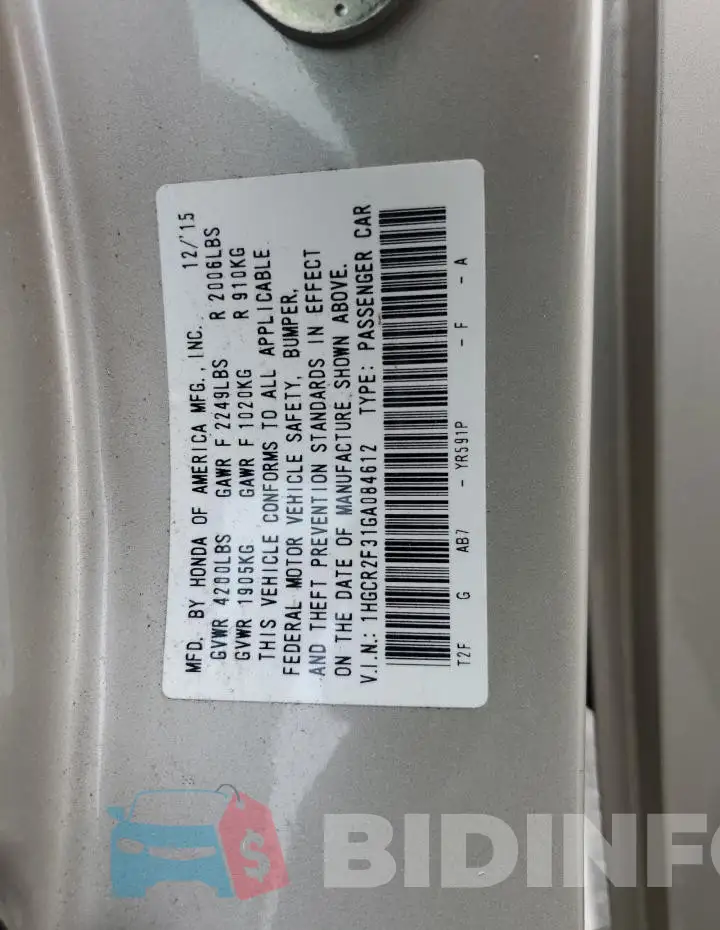 1HGCR2F31GA084612 Photo# 12