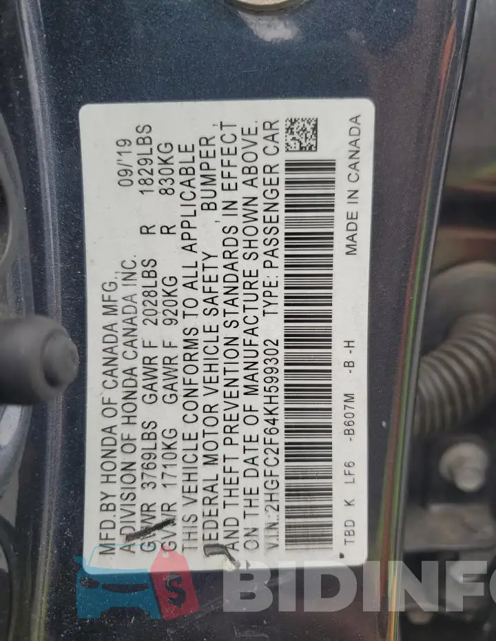 2HGFC2F64KH599302 Photo# 12