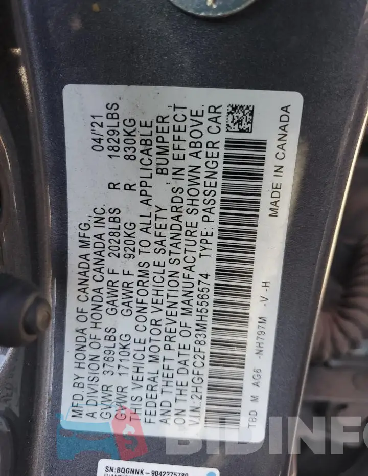2HGFC2F83MH556574 Photo# 12