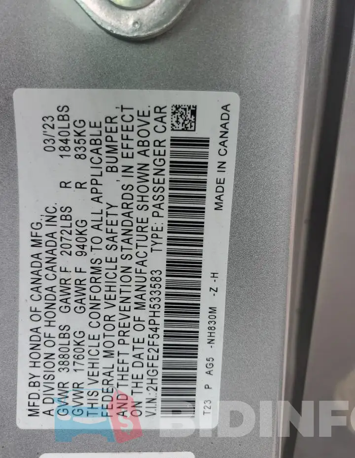 2HGFE2F54PH533583 Photo# 12