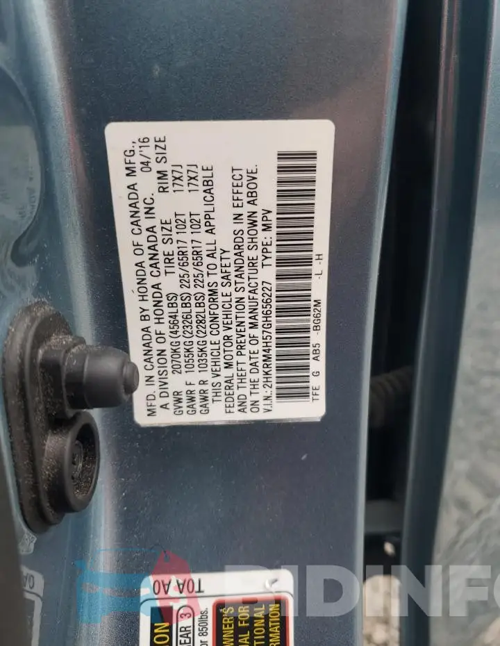 2HKRM4H57GH656227 Photo# 13