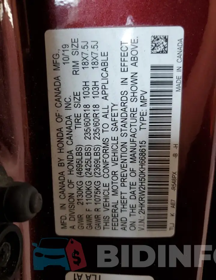 2HKRW2H50KH668615 Photo# 13