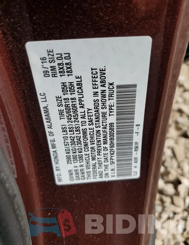5FPYK2F60HB005899 Photo# 12