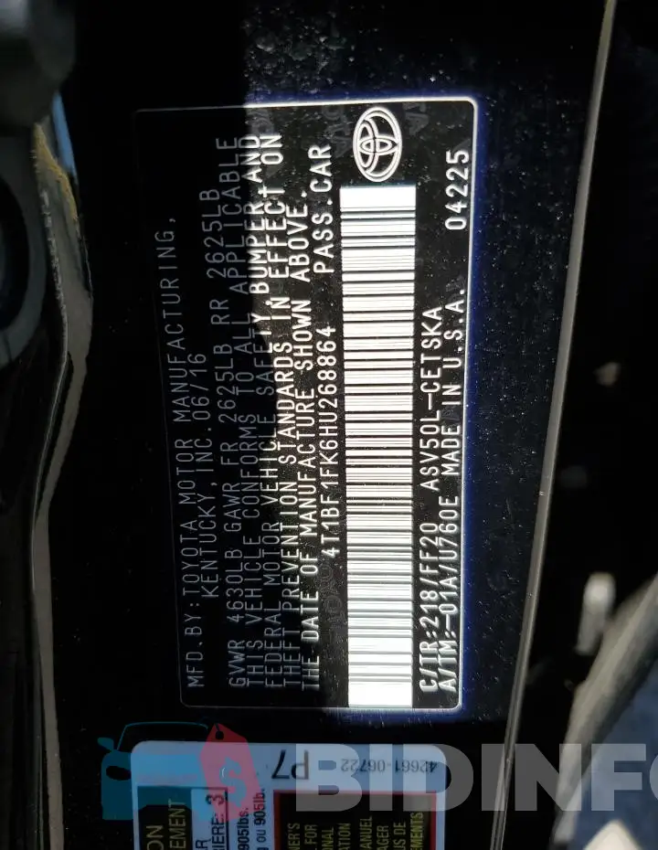 4T1BF1FK6HU268864 Photo# 12