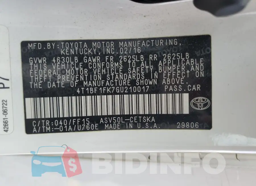 4T1BF1FK7GU210017 Photo# 12