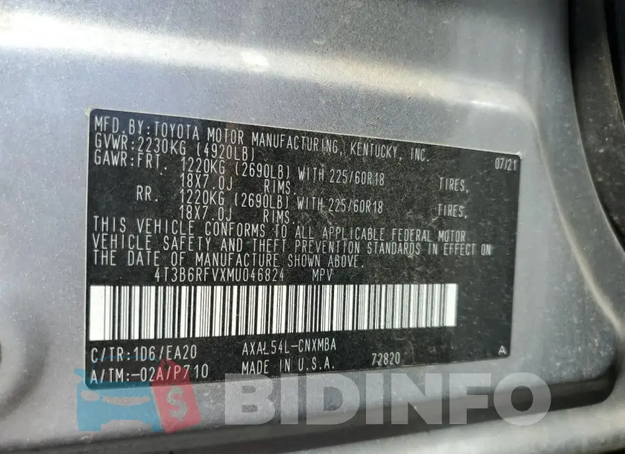 4T3B6RFVXMU046824 Photo# 13