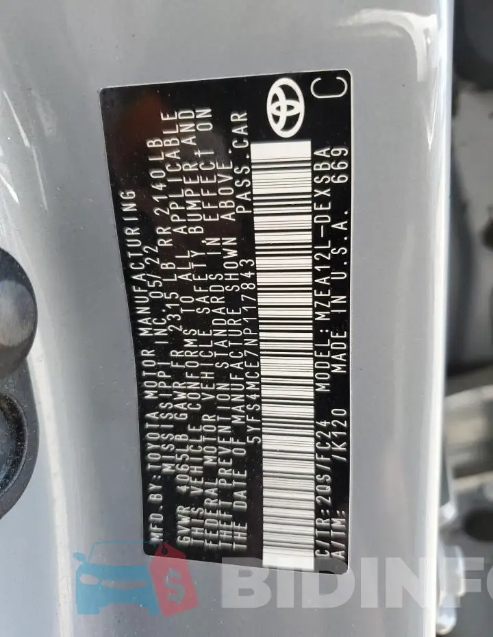 5YFS4MCE7NP117843 Photo# 12