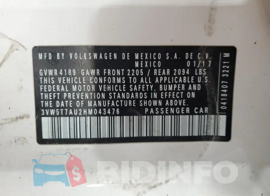 3VW5T7AU2HM043476 Photo# 13