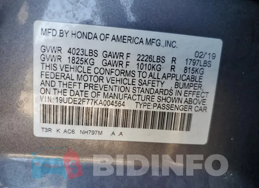 19UDE2F77KA004564 Photo# 12