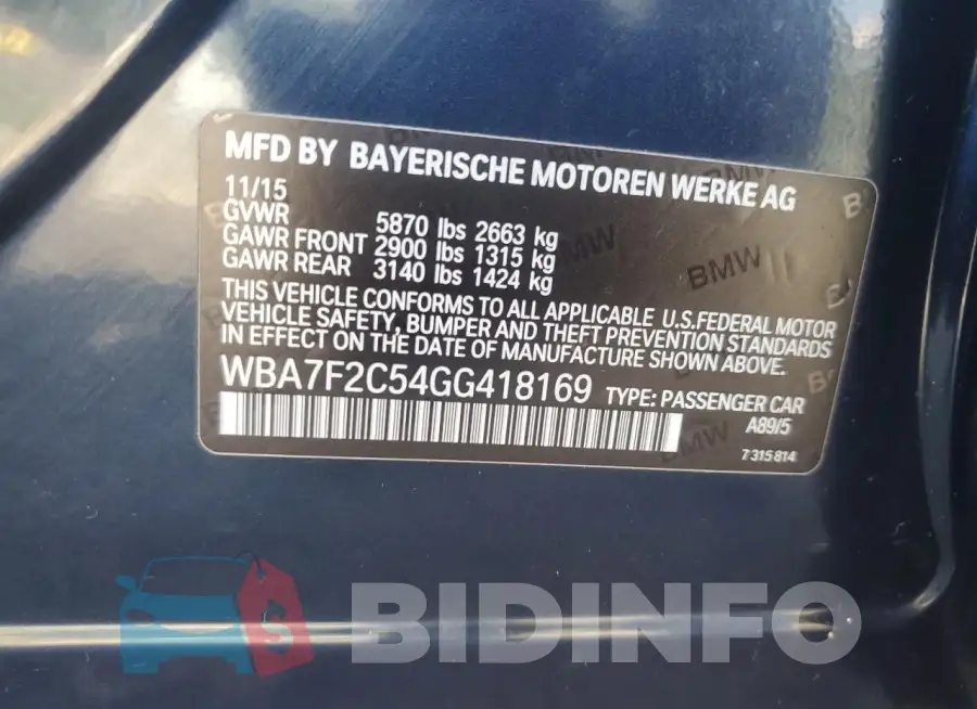 WBA7F2C54GG418169 Photo# 12