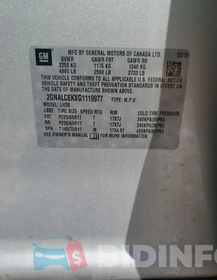 2GNALCEKXG1119977 Photo# 13