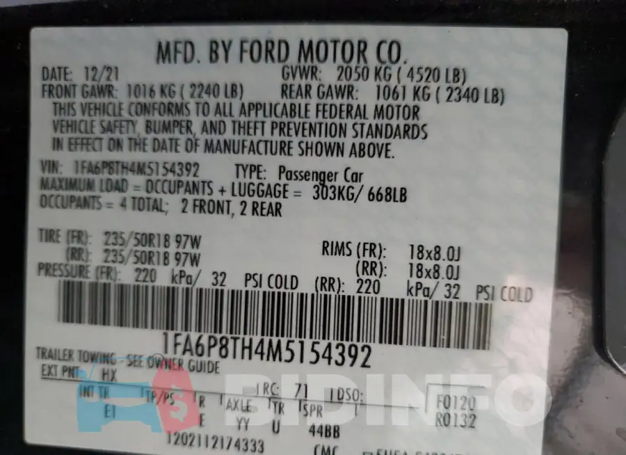 1FA6P8TH4M5154392 Photo# 12