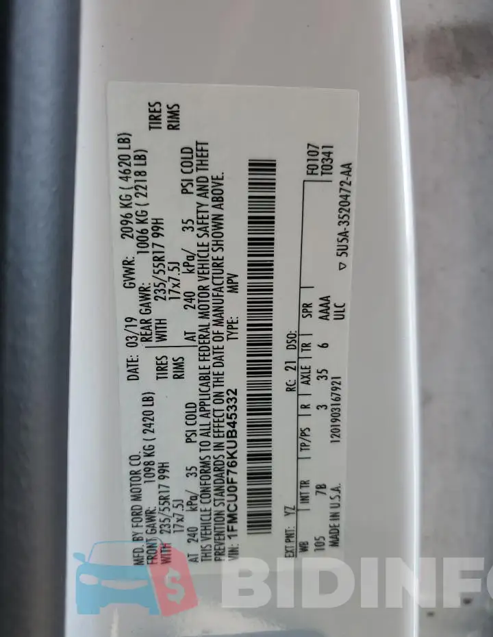 1FMCU0F76KUB45332 Photo# 12