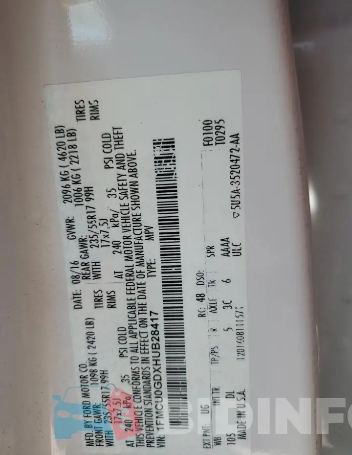 1FMCU0GDXHUB28417 Photo# 12