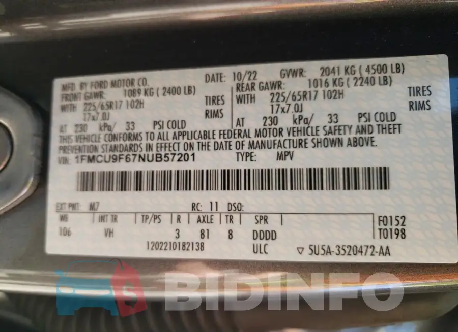1FMCU9F67NUB57201 Photo# 13