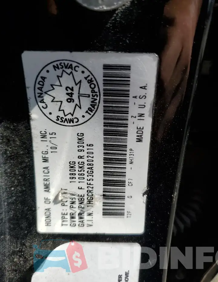 1HGCR2F53GA802016 Photo# 13